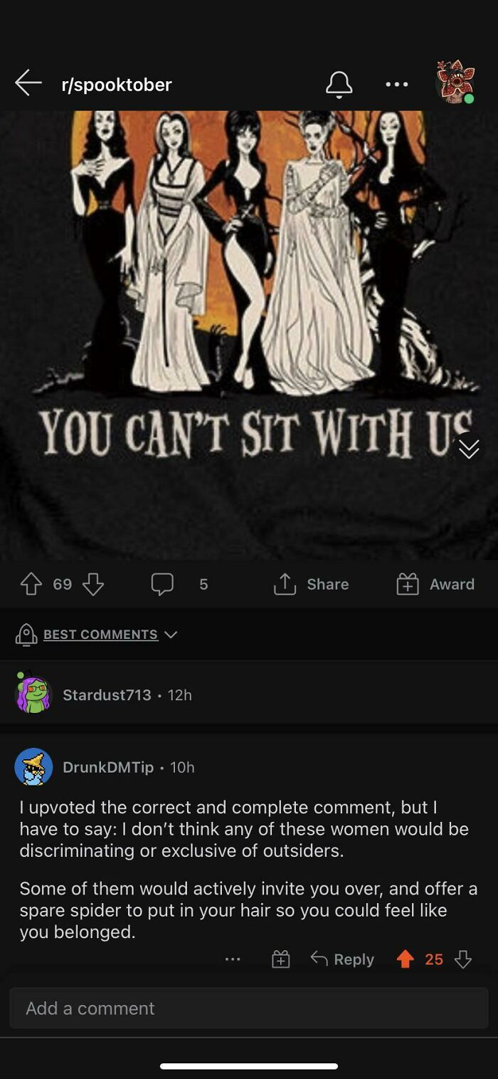 Women in spooky dresses with supportive comments in an online post, showing people having each other's backs.