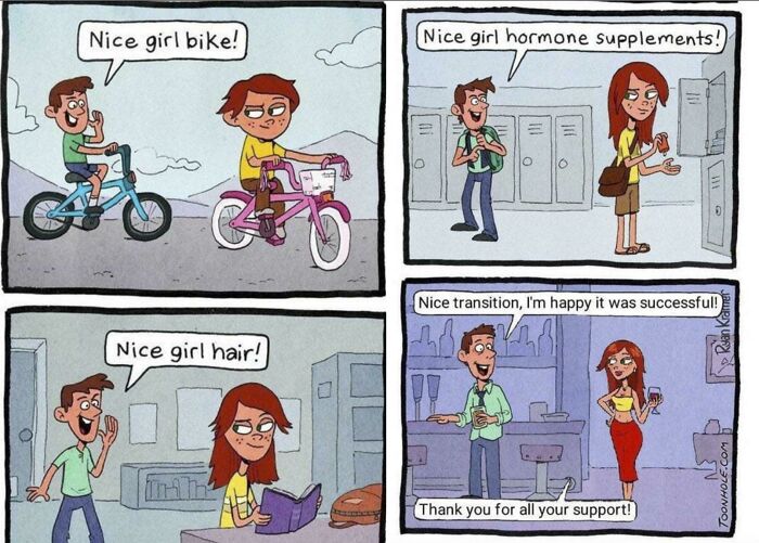 Cartoon panels showing people supporting each other in wholesome ways, with compliments on bike, supplements, and hair.