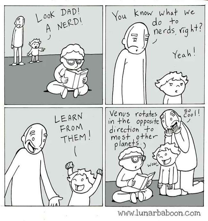 Comic showing a child and parent appreciating a nerd's knowledge on planets, demonstrating wholesome online support.