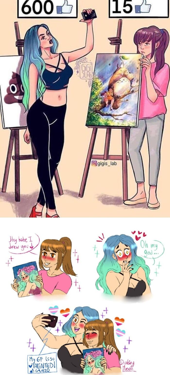 Illustration of people having each other's backs online with art sharing and support.