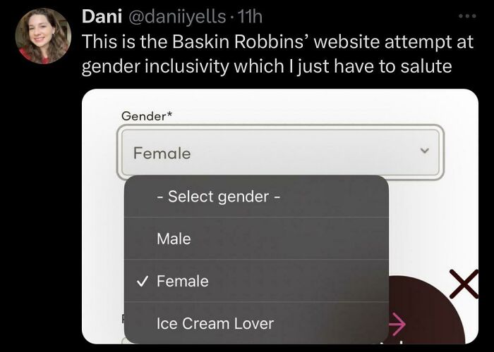 Gender inclusivity options on Baskin Robbins’ website, including "Ice Cream Lover" alongside male and female.