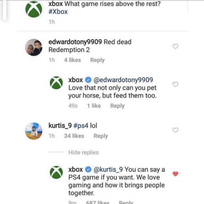 Wholesome interaction in gaming community, Xbox praises Red Dead Redemption 2, promoting unity among gamers.