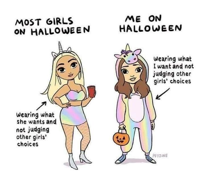 Two girls in Halloween costumes, each embracing their choices in a supportive and wholesome way.