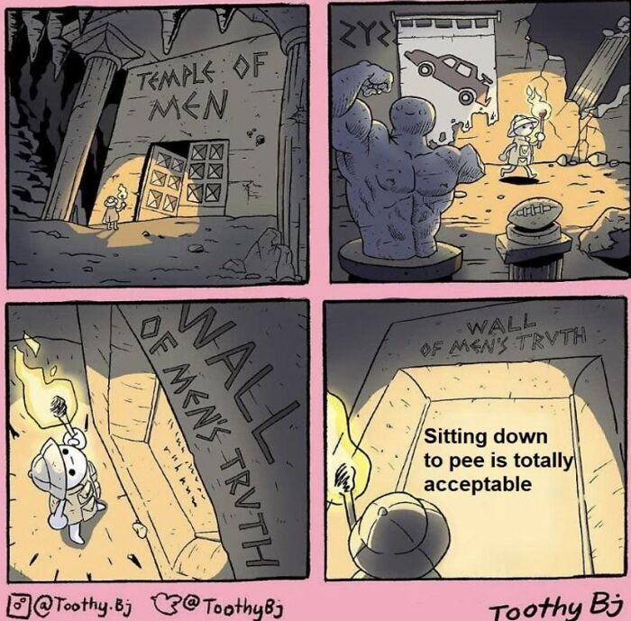 Cartoon character discovers wall message "Sitting down to pee is totally acceptable" in temple, promoting online wholesomeness.
