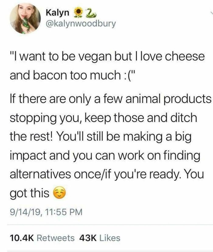 Tweet encouraging vegan diet flexibility, showing online support and positivity in wholesome ways.