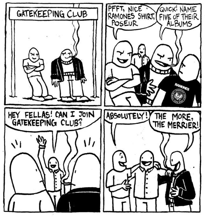 Cartoon illustrating people supporting each other in a gatekeeping club scenario.