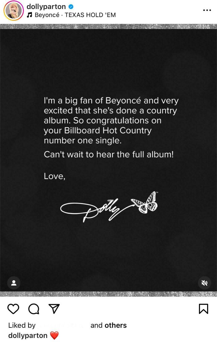 Wholesome online support, Dolly Parton praising Beyoncé’s country album with a heartfelt note.