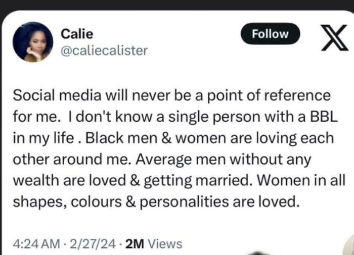 Tweet emphasizing the real-life love and acceptance absent from social media; highlights unity among Black men and women.