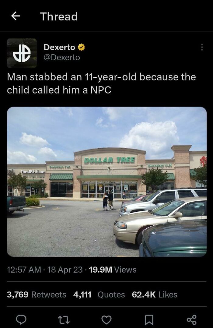 Tweet about unusual event in front of a Dollar Tree store, highlighting a dramatic incident and widespread online attention.