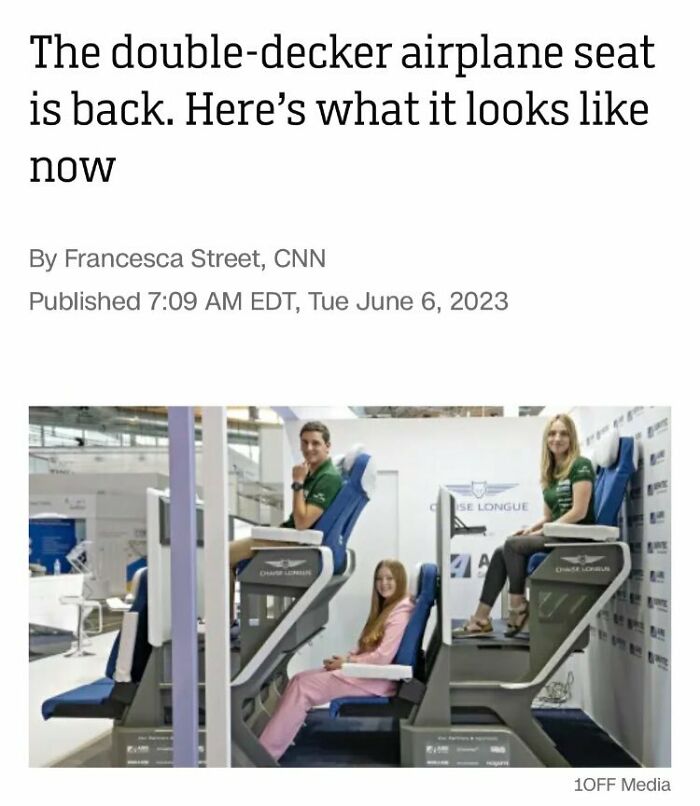 Double-decker airplane seats with three people sitting, showcasing unique design.