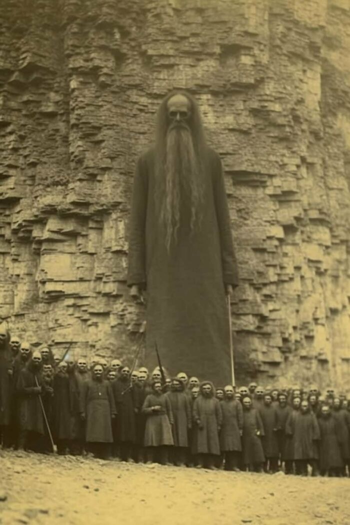 Tall figure with a long beard surrounded by smaller individuals, creating a peculiar scene prompting curiosity.