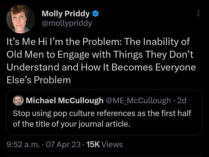 Tweet commenting on old men's inability to relate, highlighting sexism issues.