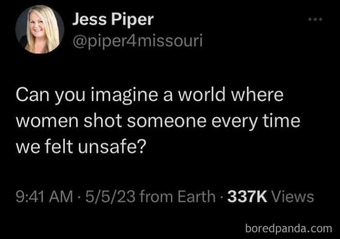 Tweet highlighting sexism with hypothetical scenario of women defending against threats, viewed 337K times.