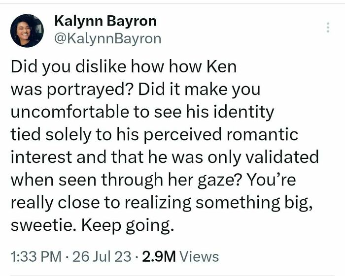 Tweet challenges portrayal of Ken, highlighting sexism with 2.9M views.