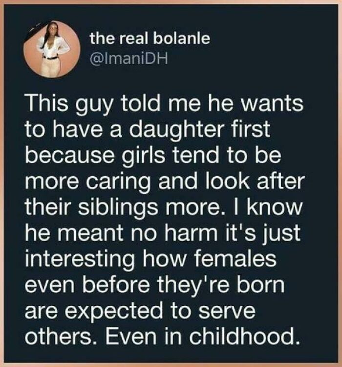 Tweet criticizing sexism; highlights gender expectations for caring roles from childhood.