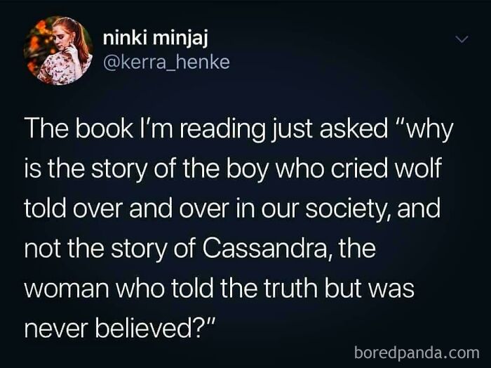 Tweet questioning societal focus on the boy who cried wolf story over Cassandra's truth in a discussion on sexism.