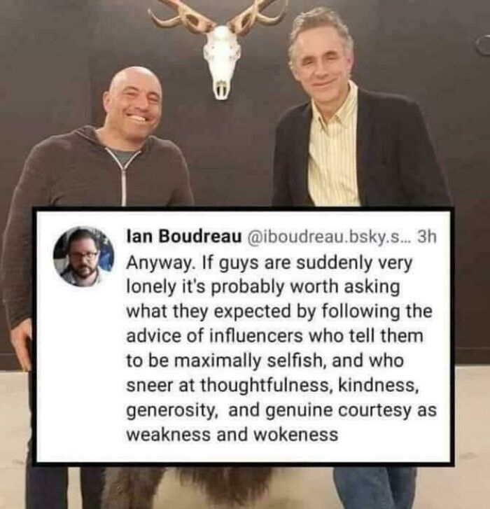 Two men standing with a humorous anti-sexism comment overlay questioning influencer advice.