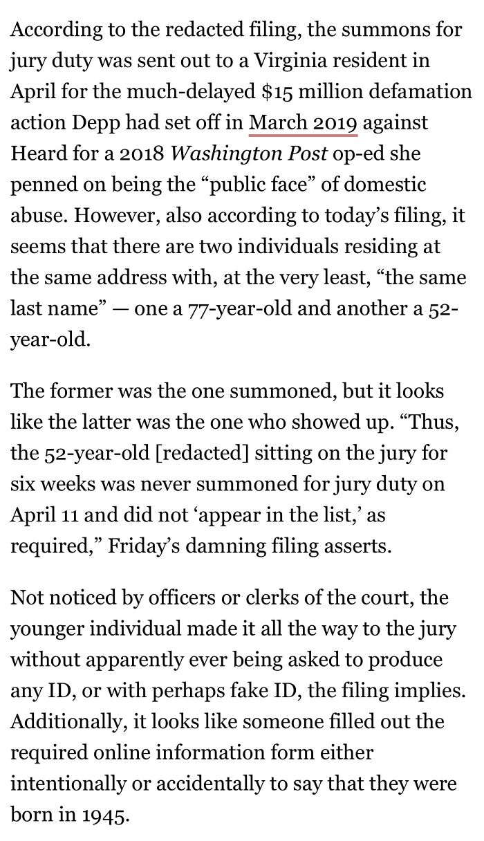 Text reveals jury duty mix-up, with younger individual attending by acting like they belong.