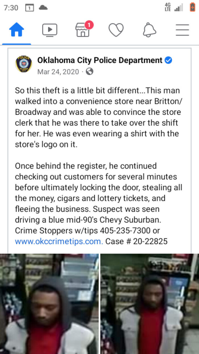 Man cheats the system in a convenience store, posing as a clerk, wearing store logo shirt and stealing cash and goods.