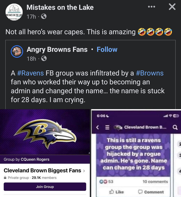 Browns fan infiltrates Ravens Facebook group, changes name as prank; caption highlights clever act of belonging.