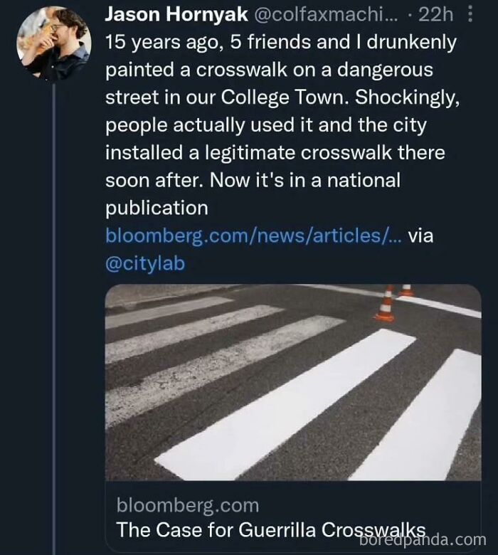 Jason Hornyak tweets about creating a crosswalk that led to city recognition, featured in Bloomberg; photo shows DIY crosswalk.