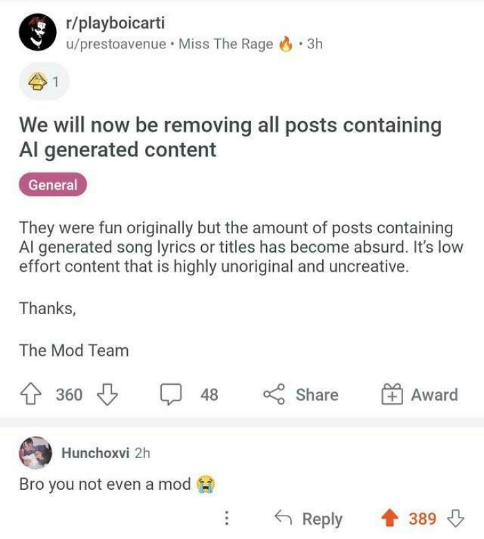 User acting like a mod by posting about AI content removal, another user points out they're not a mod.