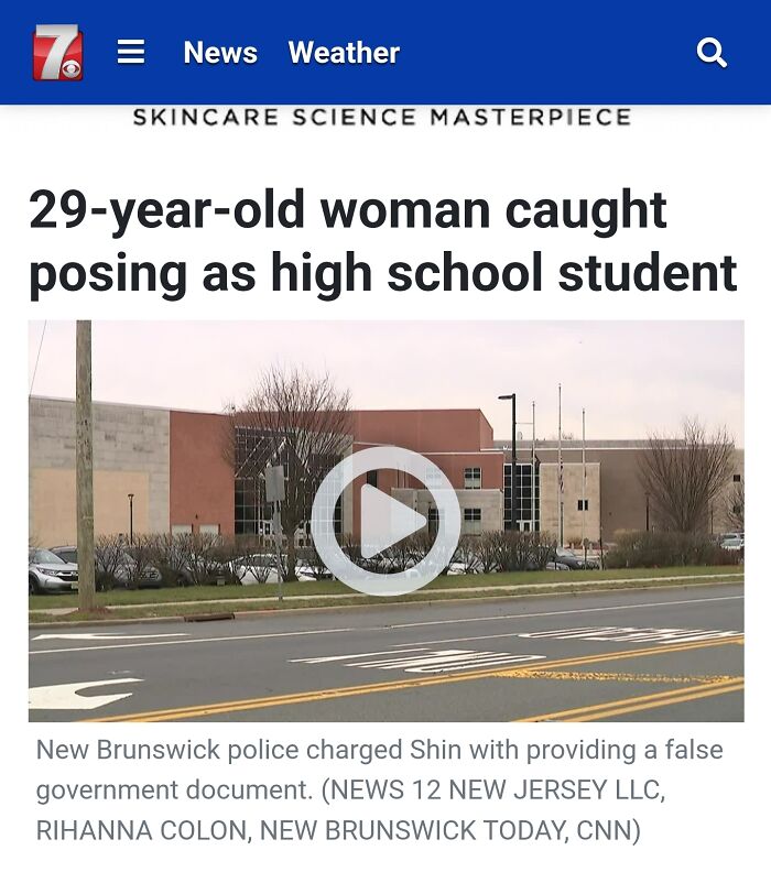 News headline about a woman cheating the system by posing as a high school student, with a school building in the background.
