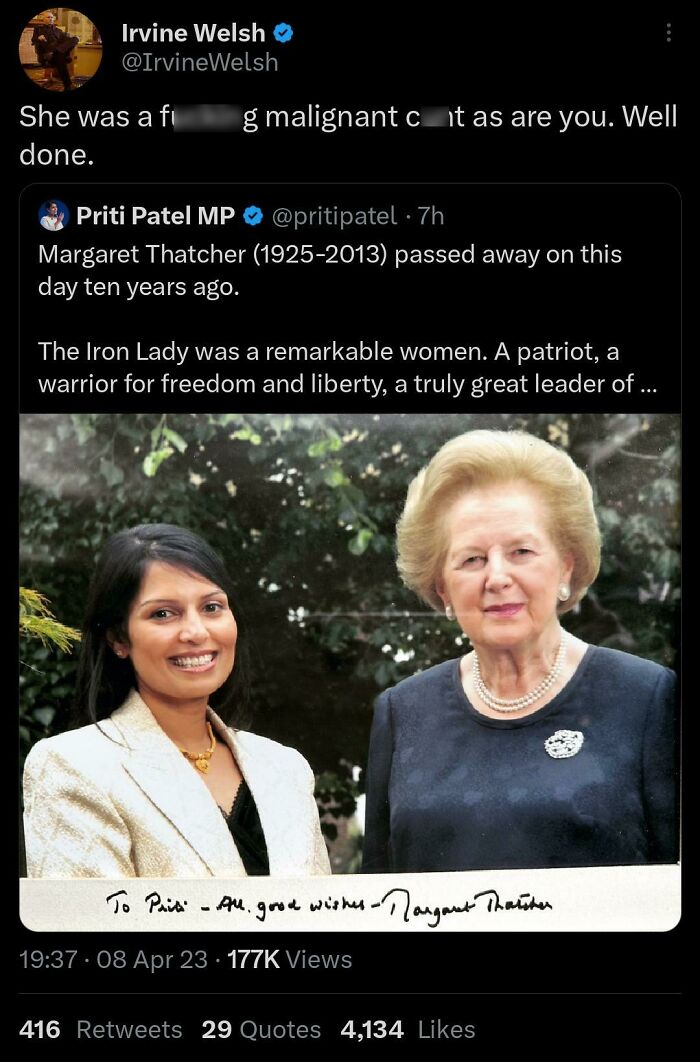Scottish humor post with a tweet response to a tribute about Margaret Thatcher.