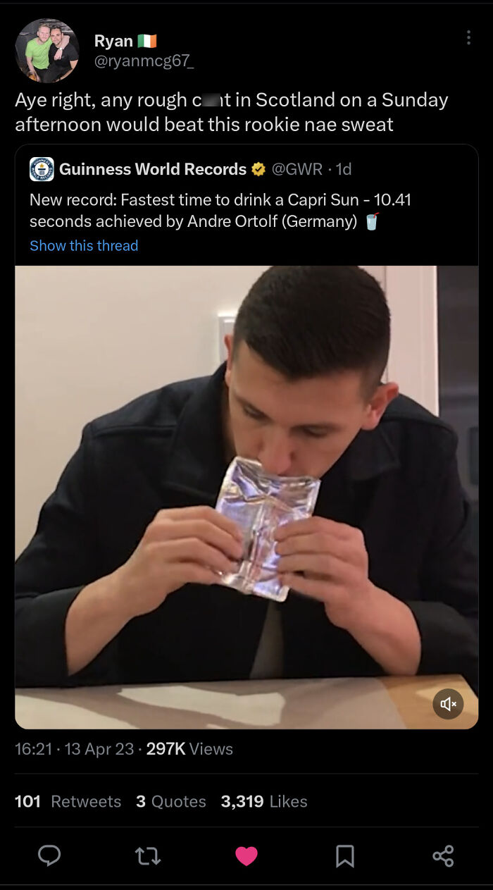 Man drinking Capri Sun in humorous tweet featuring Scottish humor.