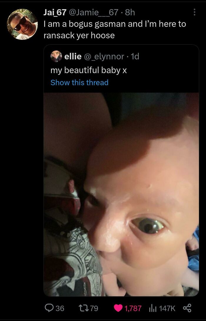 Funny Scottish humor post with a baby photo and a witty comment in a social media thread.