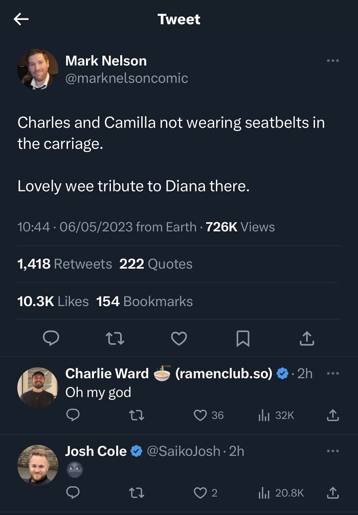 Scottish humor tweet about Charles and Camilla not wearing seatbelts, referencing Diana.