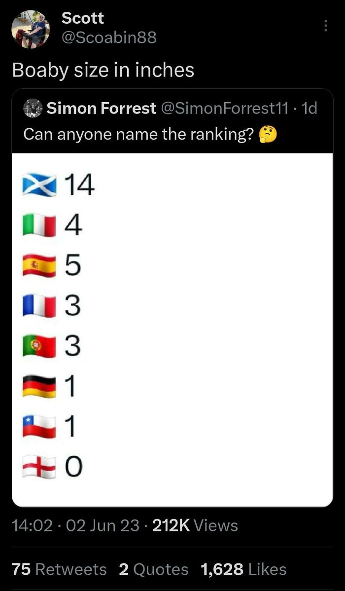 Scottish humor post showing flag rankings with Scotland at 14 inches, teasing about ranking context.