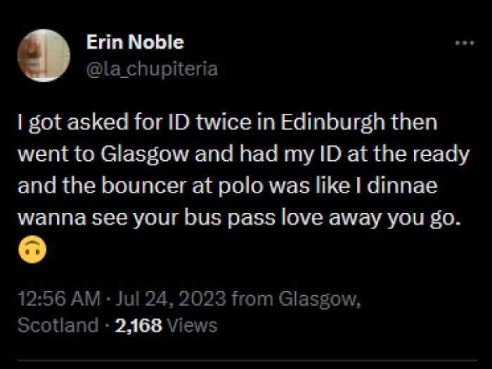 Funny Scottish humor post about ID checks in Edinburgh and Glasgow shared by Erin Noble on Twitter.