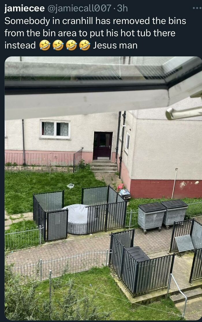 Scottish humor post showing a hot tub placed in a bin area, replacing garbage bins.