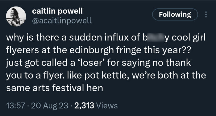 Tweet discussing unique Scottish humor at Edinburgh Fringe, questioning cool girl flyer distributors' attitudes.