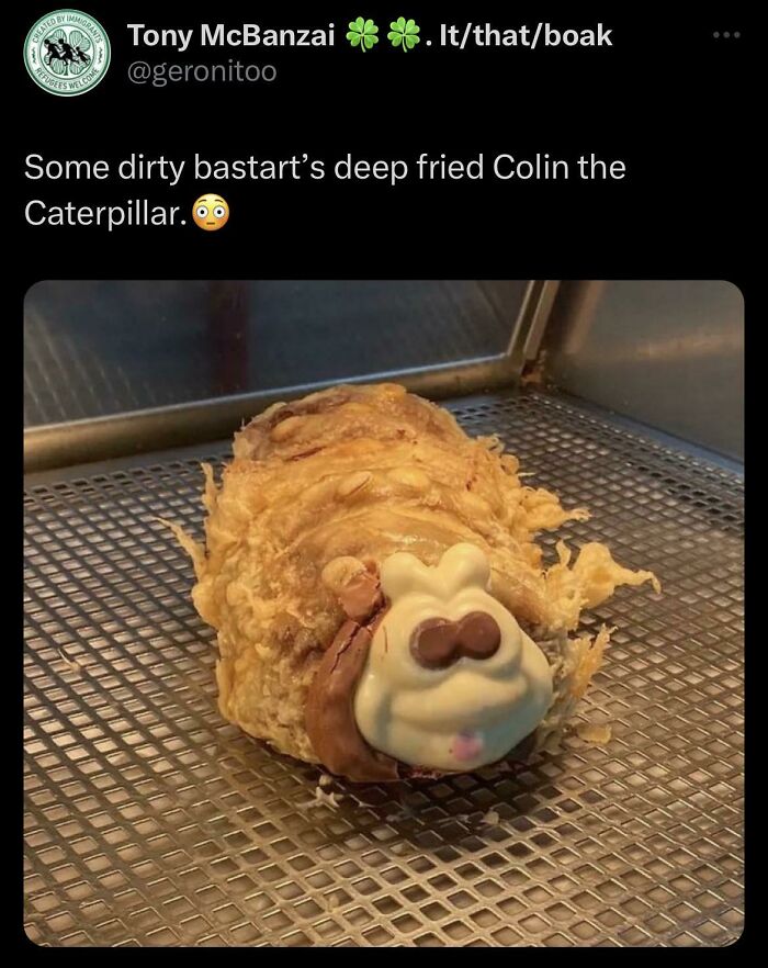 Deep-fried Colin the Caterpillar showcases unique Scottish humor on a metal tray.