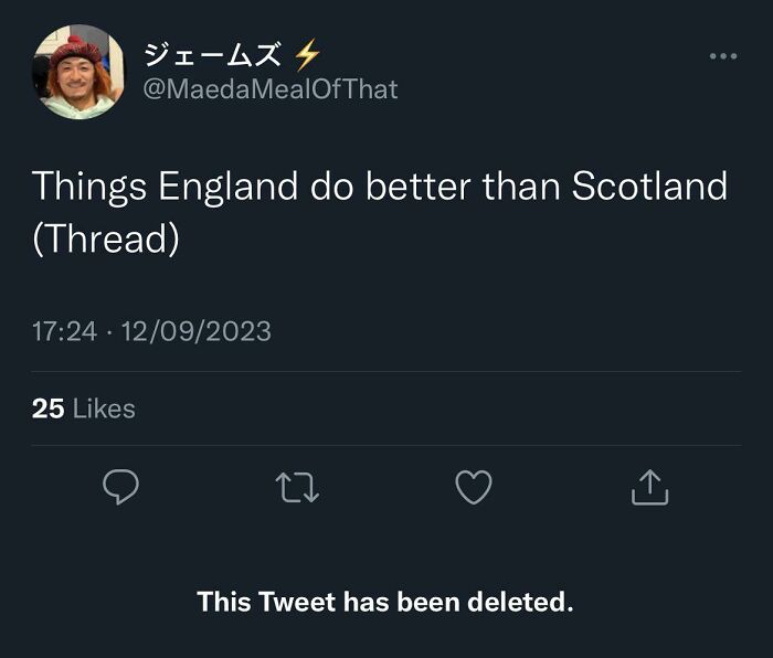 Tweet about things England does better than Scotland, with deleted thread, reflecting Scottish humor.