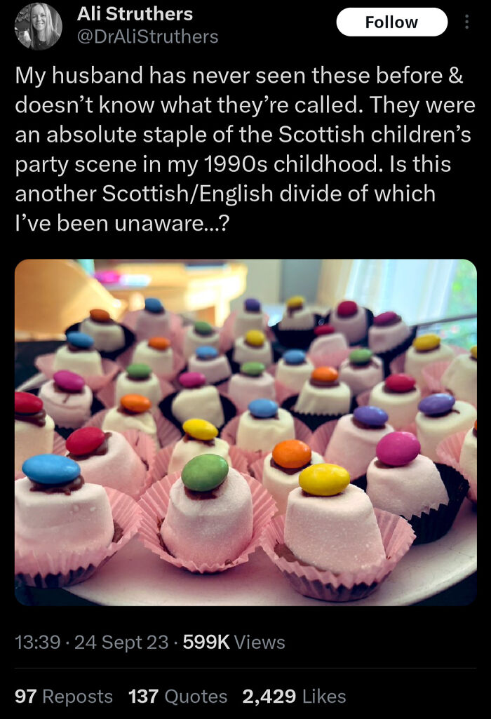 Scottish humor tweet featuring colorful marshmallow treats at a children's party, evoking nostalgic memories.