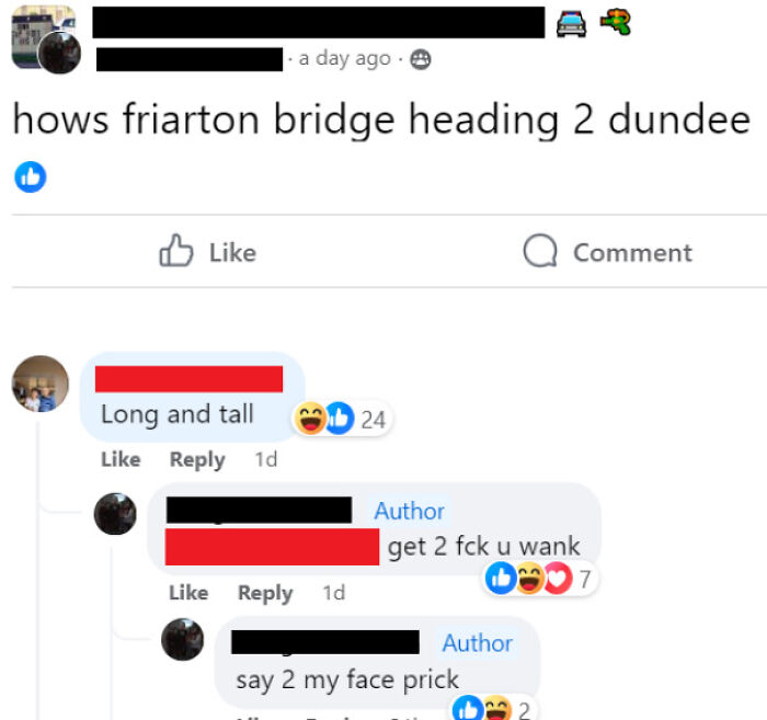 Scottish humor post about Friarton Bridge in Dundee with funny comment exchange.