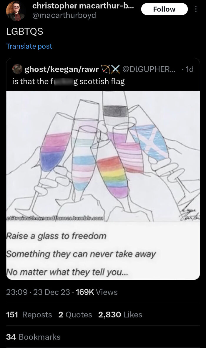 Cheering with glasses featuring flags, including the Scottish flag, sharing funny Scottish humor on social media.