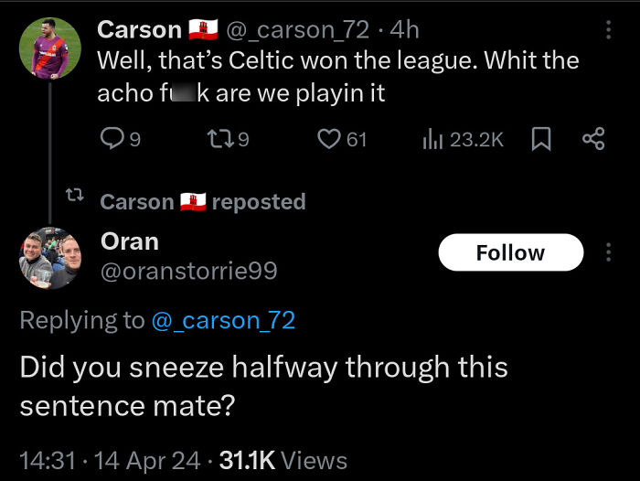 Scottish humor showcased in a funny Twitter exchange about Celtic winning the league.