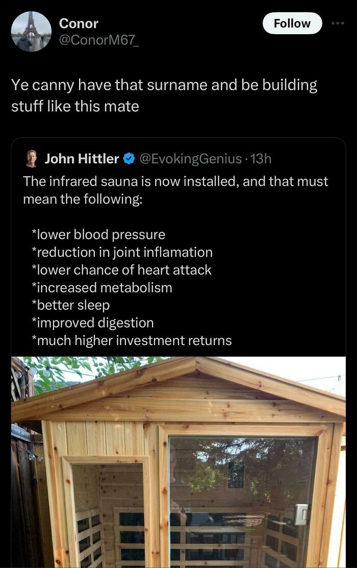 Scottish humor post about an infrared sauna, highlighting its benefits humorously listed on social media.