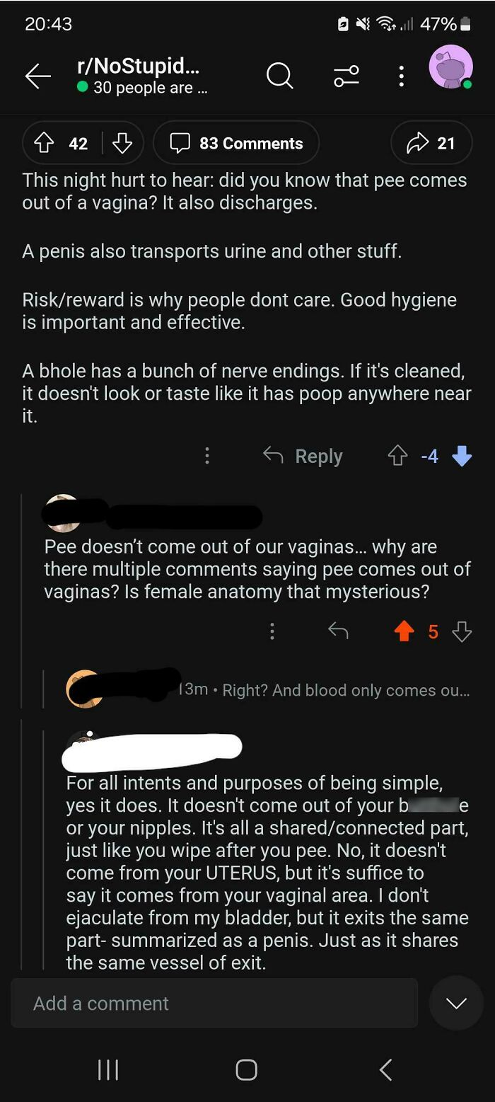 Screenshot of Reddit comments showcasing overly confident incorrect people discussing anatomy.