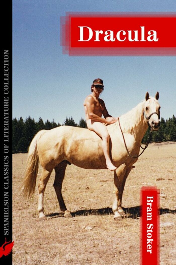 Terrible book cover of Dracula featuring a man in sunglasses on a horse in an open field.