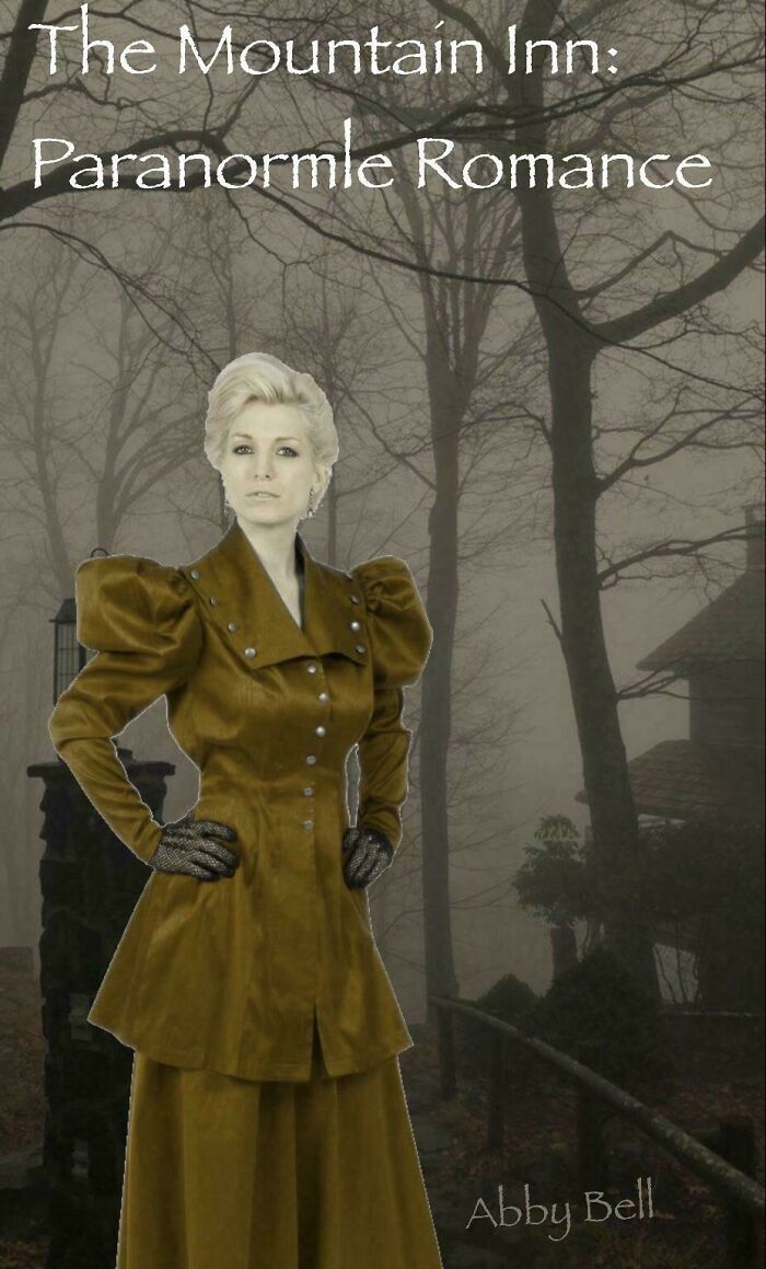 Eccentric book cover featuring a woman in vintage attire, titled "The Mountain Inn: Paranormle Romance."