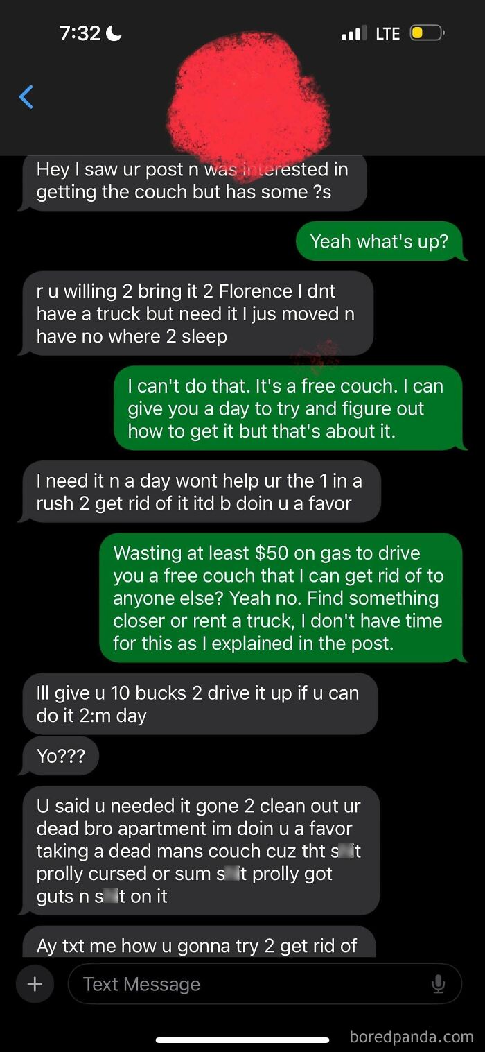 Text conversation about a free couch pick-up, highlighting a beggar being choosy.