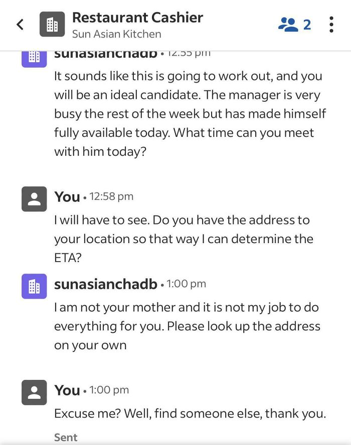 "Screenshot of a job hunting conversation where the employer declines to provide location details, frustrating the applicant."