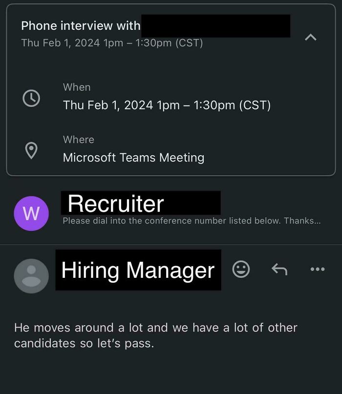 Screenshot of a Microsoft Teams meeting invitation with recruitment messages discussing passing on a candidate.