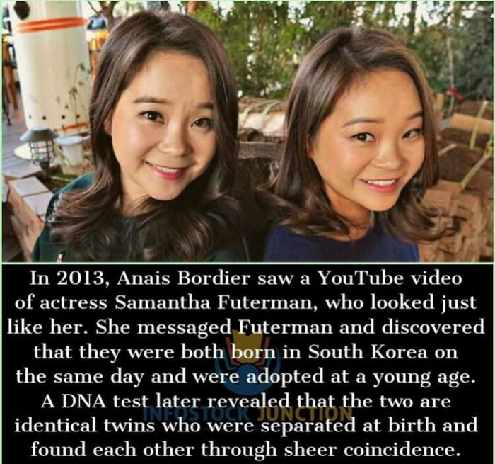 Two women, identical twins separated at birth, reunited by a wild coincidence captured in a photo.