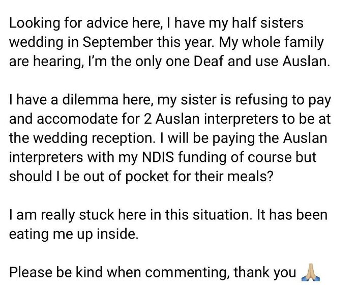 Bride Won’t Pay For Deaf Sister’s Sign Language Interpreters